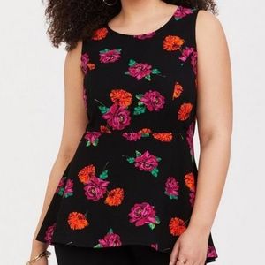 Like New! Torrid Peplum Sleeveless Top, Black with Pink and Orange Floral Print